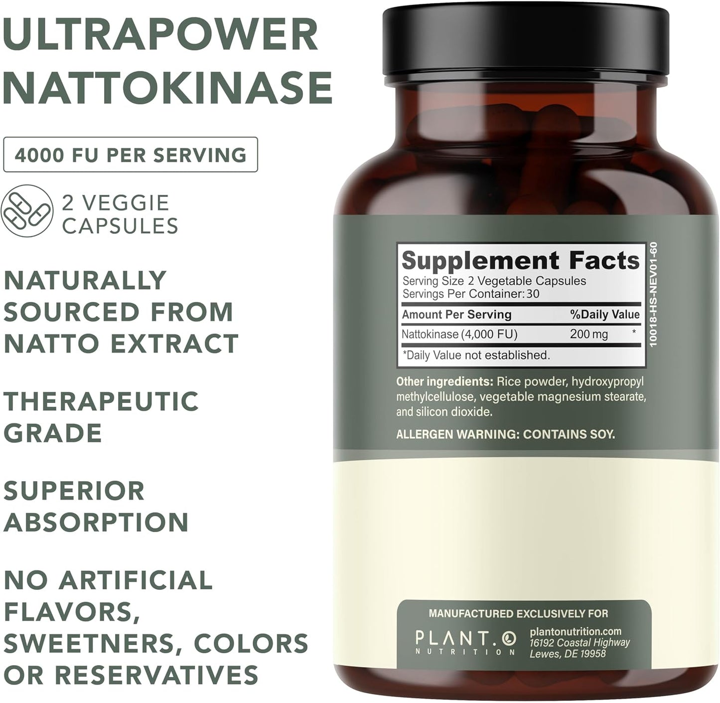 PLANT.O NUTRITION Nattokinase Supplement with Max Enzyme Support - 4,000 FU Per Serving - Premium Nattokinase Formula for Heart Health Support - 60 Capsules - Made in USA