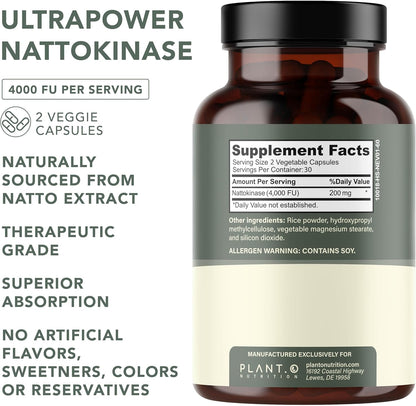 PLANT.O NUTRITION Nattokinase Supplement with Max Enzyme Support - 4,000 FU Per Serving - Premium Nattokinase Formula for Heart Health Support - 60 Capsules - Made in USA