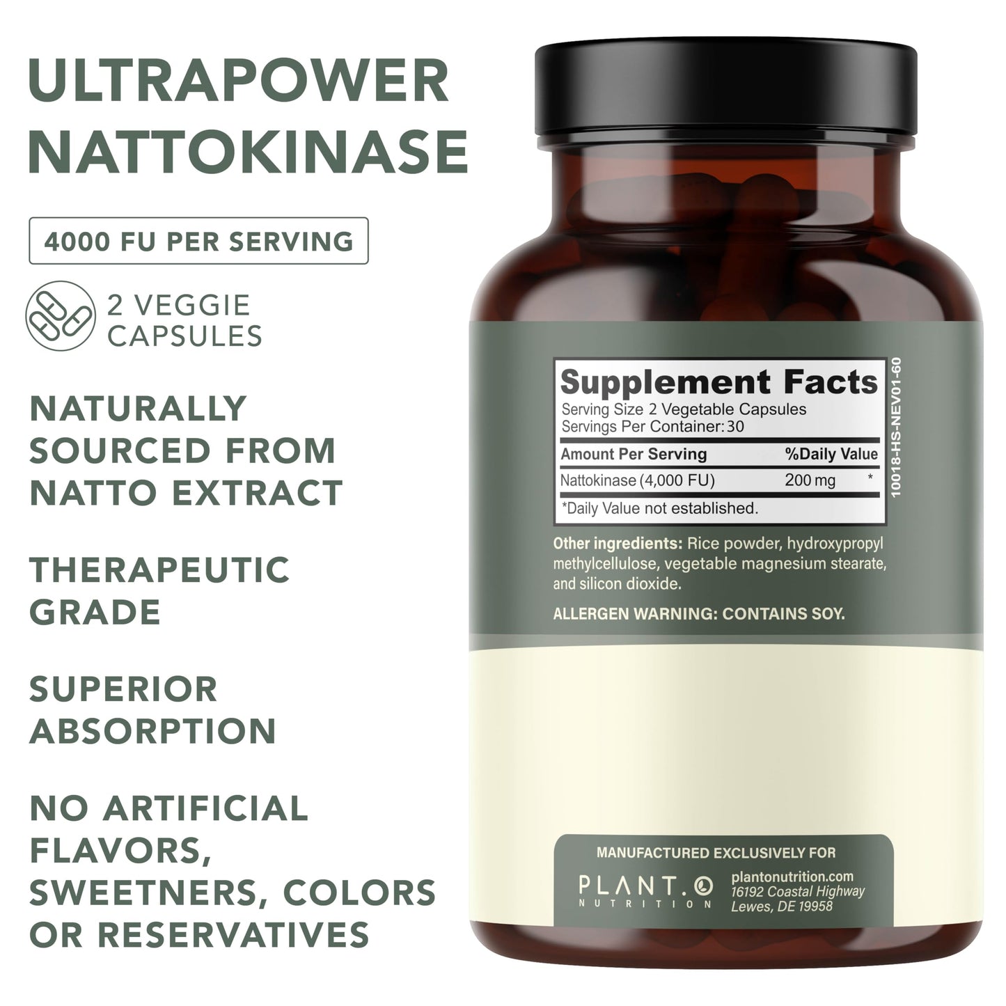 PLANT.O NUTRITION Nattokinase Supplement with Max Enzyme Support - 4,000 FU Per Serving - Premium Nattokinase Formula for Heart Health Support - 60 Capsules - Made in USA