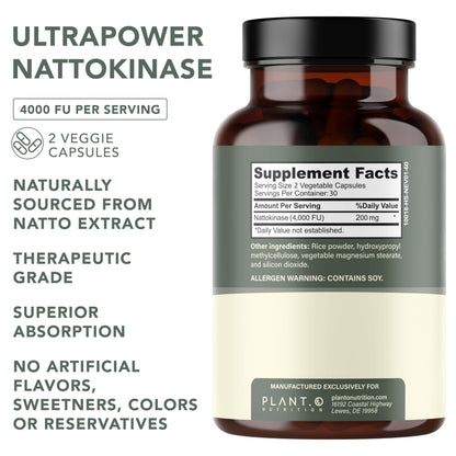 PLANT.O NUTRITION Nattokinase Supplement with Max Enzyme Support - 4,000 FU Per Serving - Premium Nattokinase Formula for Heart Health Support - 60 Capsules - Made in USA