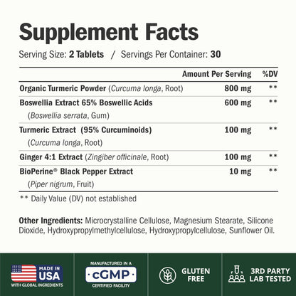 Turmeric Boswellia Supplement w/Ginger – Gut Friendly Joint Supplement 60Ct