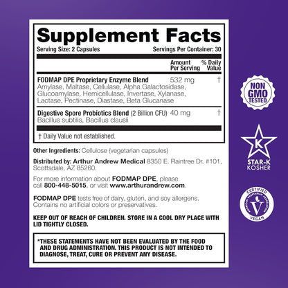 Arthur Andrew Medical, FODMAP DPE, Digestive Enzymes, 60 Capsules | Digestive Enzymes, & Probiotics For FODMAP Intolerance & The Digestion Of Fermentable Foods. Vegan, Non-GMO