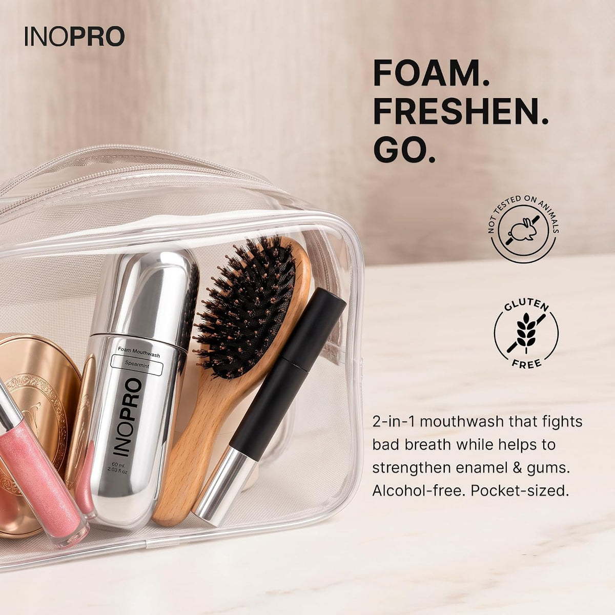 INOPRO Foam Mouthwash with Nano-Hydroxyapatite, Xylitol, Hyaluronic Acid, Vinamin C, Alcohol Free, Fluoride Free Oral Rinse Portable Travel Size - Spearmint, 2.03 fl oz