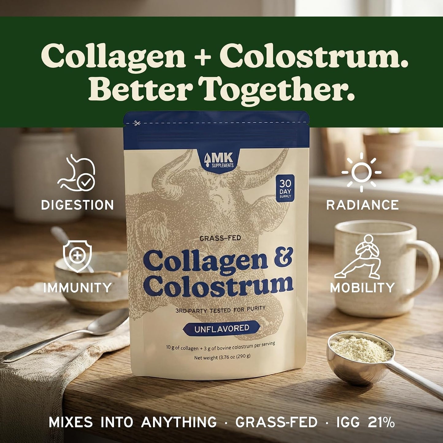 MK Supplements Grass-Fed Collagen & Colostrum Powder, Unflavored, IgG 21% | Collagen Types I & II plus Bone Peptides and Whole-Food Calcium Matrix, New Zealand Raised