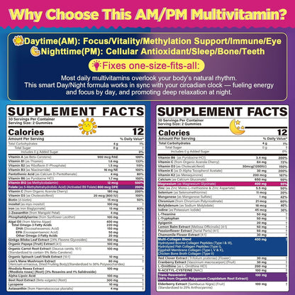 NEVISS 52-in-1 Methylated Multivitamin for Women Gummies with Iron, Omega-3, B6 B9 B12 for Day | Magnesium Glycinate, Calcium, Collagen for Night Renewal/Sleep, Womens 18 30 40 50 60 70+ AM PM Daily