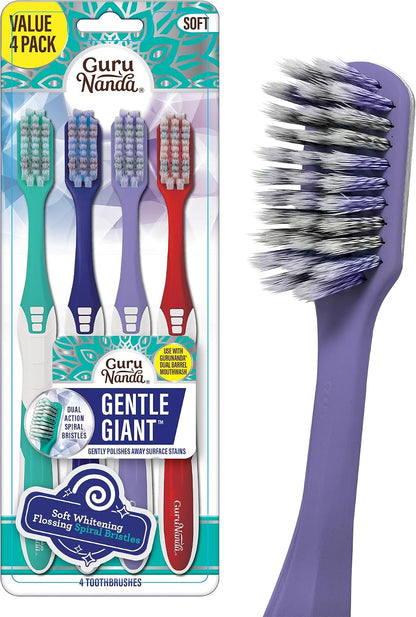 GuruNanda Gentle Giant Toothbrush with Dual Action Flossing Spiral Bristles, Non-Slip Ergo Dexa Grip, Helps in Teeth Whitening, BPA Free Manual Toothbrushes, Assorted Colors, 4 Count