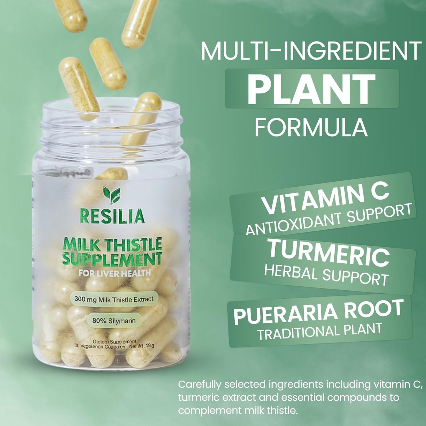 Resilia Milk Thistle Silymarin – 300 mg Supplement with Vitamin C, Inositol, Pueraria Root & Turmeric Extract, High-Absorption Antioxidant-Focused Plant Formula, 30 Vegetarian Capsules