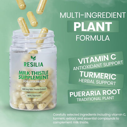 Resilia Milk Thistle Silymarin – 300 mg Supplement with Vitamin C, Inositol, Pueraria Root & Turmeric Extract, High-Absorption Antioxidant-Focused Plant Formula, 30 Vegetarian Capsules