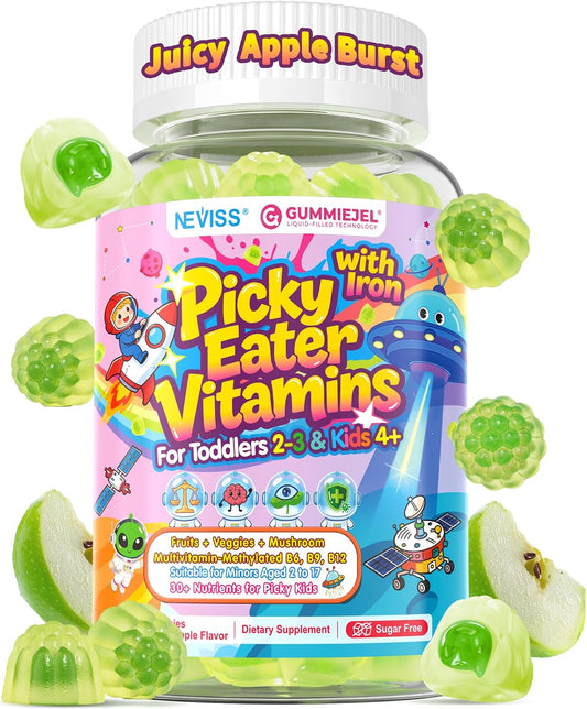 Toddlers 2-3 & Kids 4+ Picky Eater Vitamins with Iron, for Minors Aged 2-17, Children Teens Multiviamin Supergreen Filled Gummies, Methylated B6, B9,B12, Fruits + Veggies + Mushroom, Sugar Free