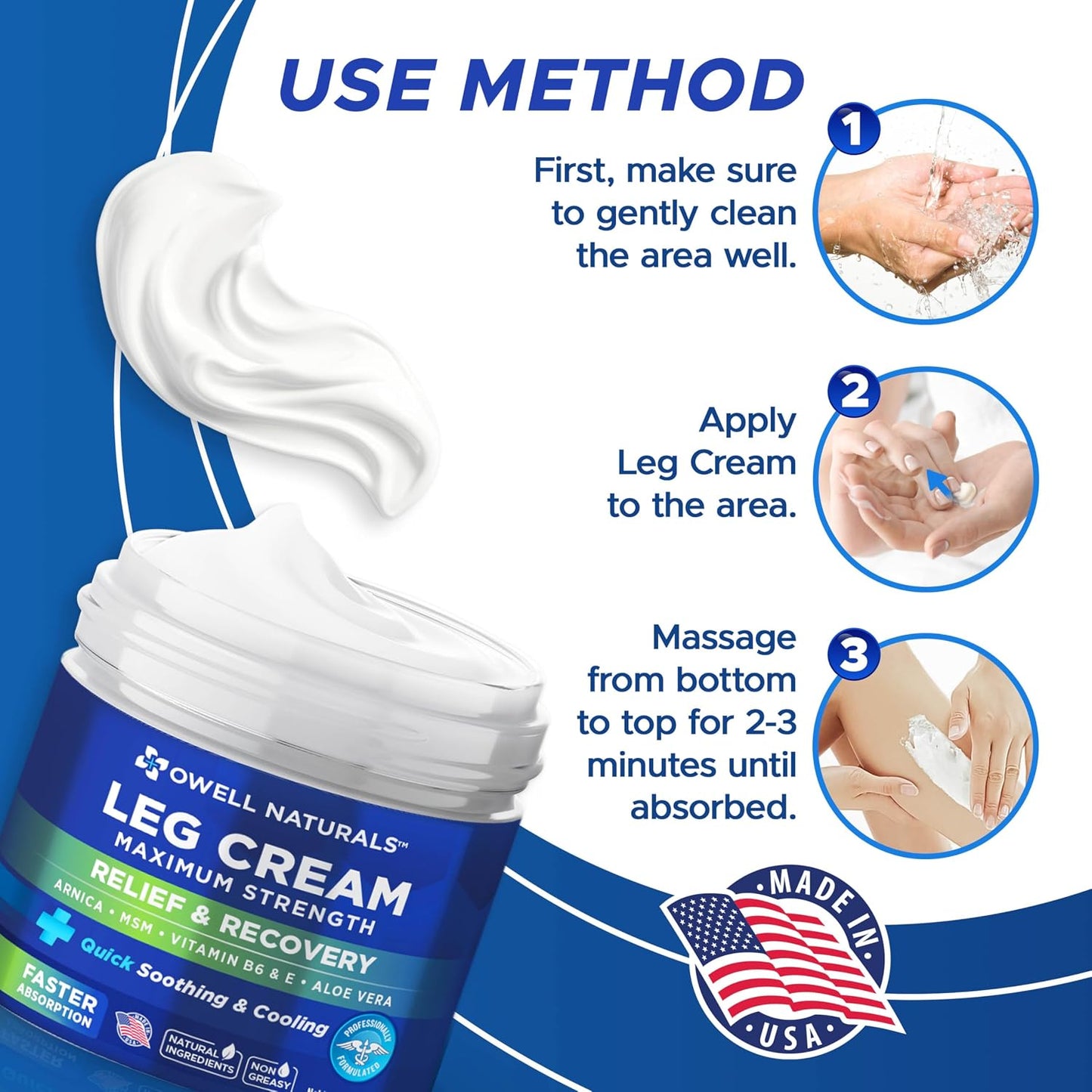 OWELL NATURALS Relief Legs Cream, Deep Penetrating Soothing Formula, Fast Acting & Maximum Strength with Arnica, Aloe Vera Vitamin E, for Muscles, Calf, foot, ankle, 2 oz