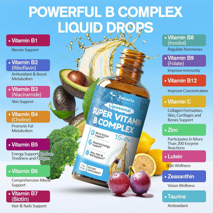 15-in-1 Liposomal Vitamin B Complex Pro Sugar-free B Complex Drops with B1, B2, B3 Niacinamide, Choline, B5, B6, B7 Biotin, Inositol, Folate, B12, Zinc, Lutein, Zeaxanthin, Taurine & Vit. C, 2 fl oz
