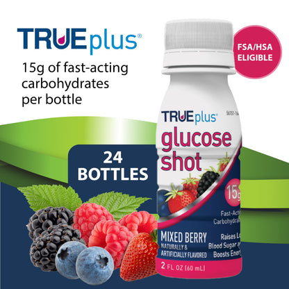 TRUEplus Glucose Shot, 15g Carbohydrates, Mixed Berry Flavor, 6 Pack | 15g Fast-Acting Carbohydrates, Fat Free, Gluten Free, Boosts Energy, Great Tasting and Easy to Use