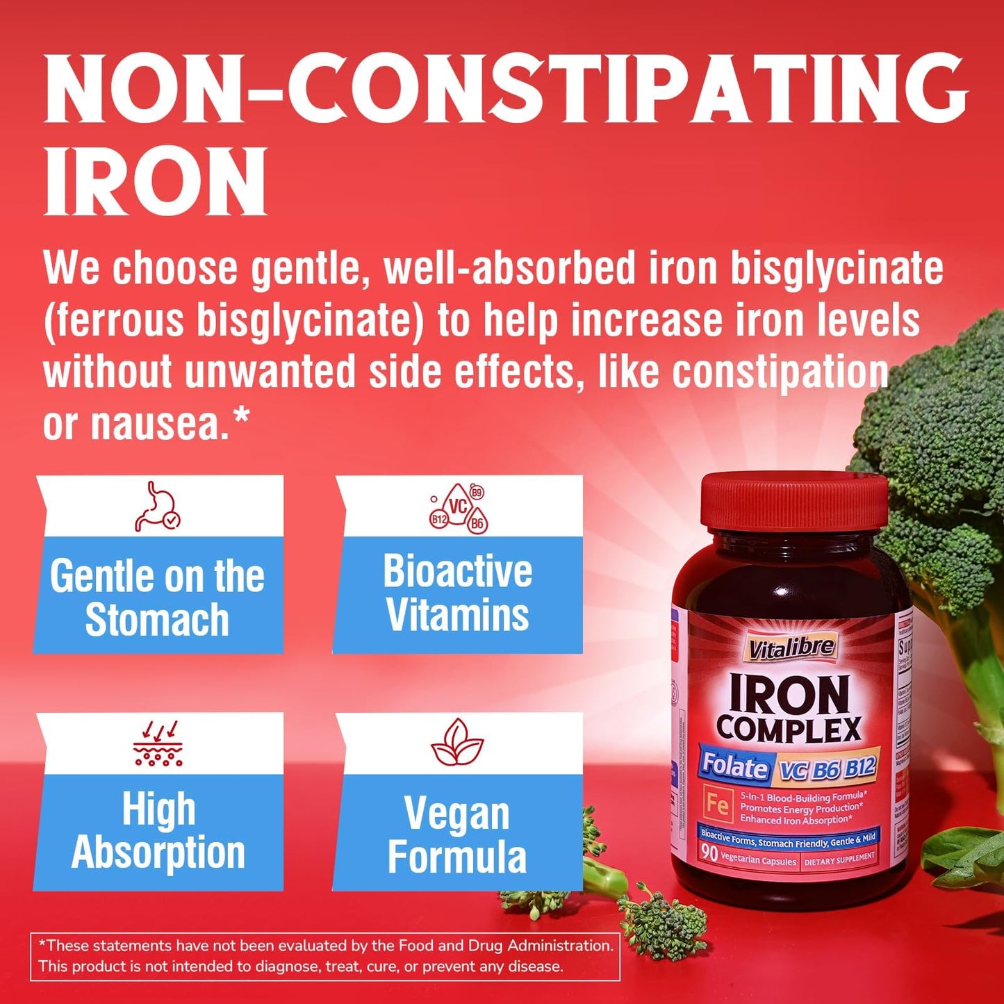 Iron Supplement for Women & Men, with Vitamins C, B6, B12 & Folate | for Iron Deficiency, Blood Building & Energy Support, Stomach Friendly, Better Absorption, Non-GMO, No Gluten, 60 Vegan Caps