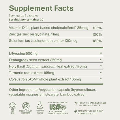 Snap Supplements Thyroid Health, Selenium, Zinc, L-Tyrosine, 60 Capsules | Thyroid Support Supplement for Women & Men, Botanicals for Metabolism, Energy & Endocrine Balance, Iodine-Free, Vegan