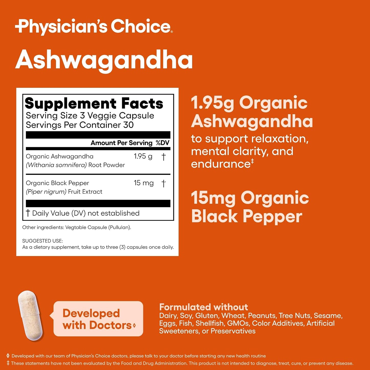 Physician's CHOICE Ashwagandha Supplement - 1950mg of Bioavailable Organic Ashwagandha Root Powder - Black Pepper Extract, Stress Support, Mood Support Supplement, 90 Veggie Capsules