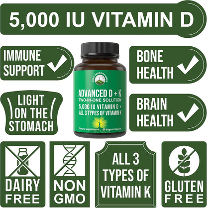 Peak Performance Advanced Vitamin D 5000 IU with All 3 Types of Vitamin K Vitamin D3 and Vitamin K2, K1, MK-7 (MK7), MK4 Supplement - 60 Small and Easy to Swallow Vegetable Capsules