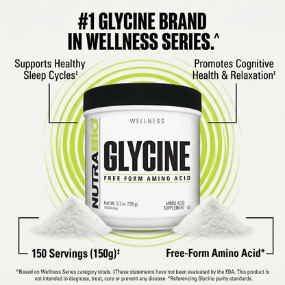 NutraBio Glycine Powder - Glycine Supplement- Free Form Amino Acid Supplement - 1000mg Serving - 150g, 150 Servings