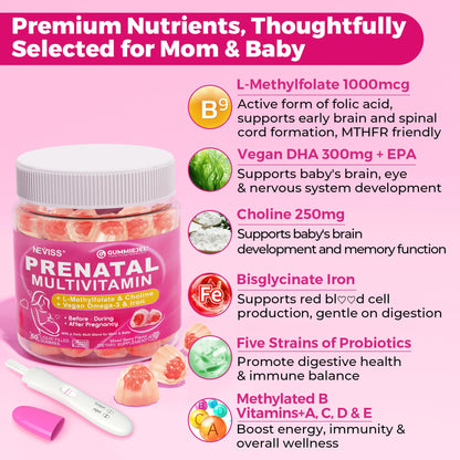 Prenatal Vitamins for Women Multivitamin Gummies w/ Methylfolate 1mg, Choline Omega-3(DHA+EPA) Iron, Postnatal Vitamins for Women Breastfeeding | Before,During & After Pregnancy,Sugar Free,Vegan,60Cts