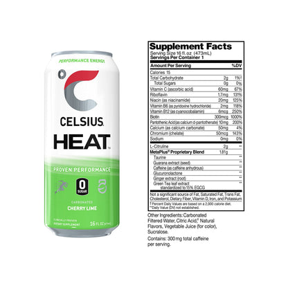 CELSIUS HEAT Performance Energy Drink, Cherry Lime, 16 Fl Oz (Pack of 12)