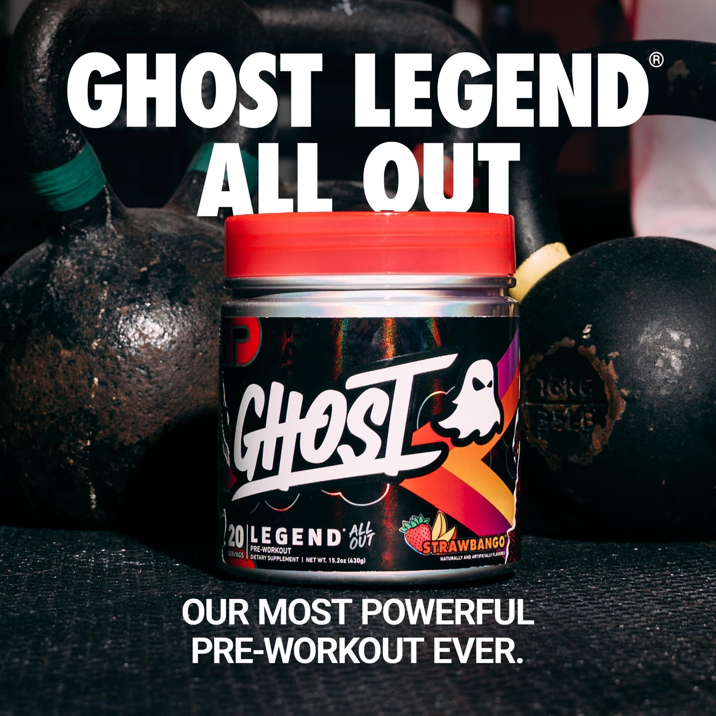 GHOST Legend All Out Pre-Workout Powder, Strawbango - 20 Servings - Preworkout Drink Mix Supplement for Men & Women - Energy & Pumps - Caffeine, Beta Alanine, Betaine, NO3-T- Sugar Free