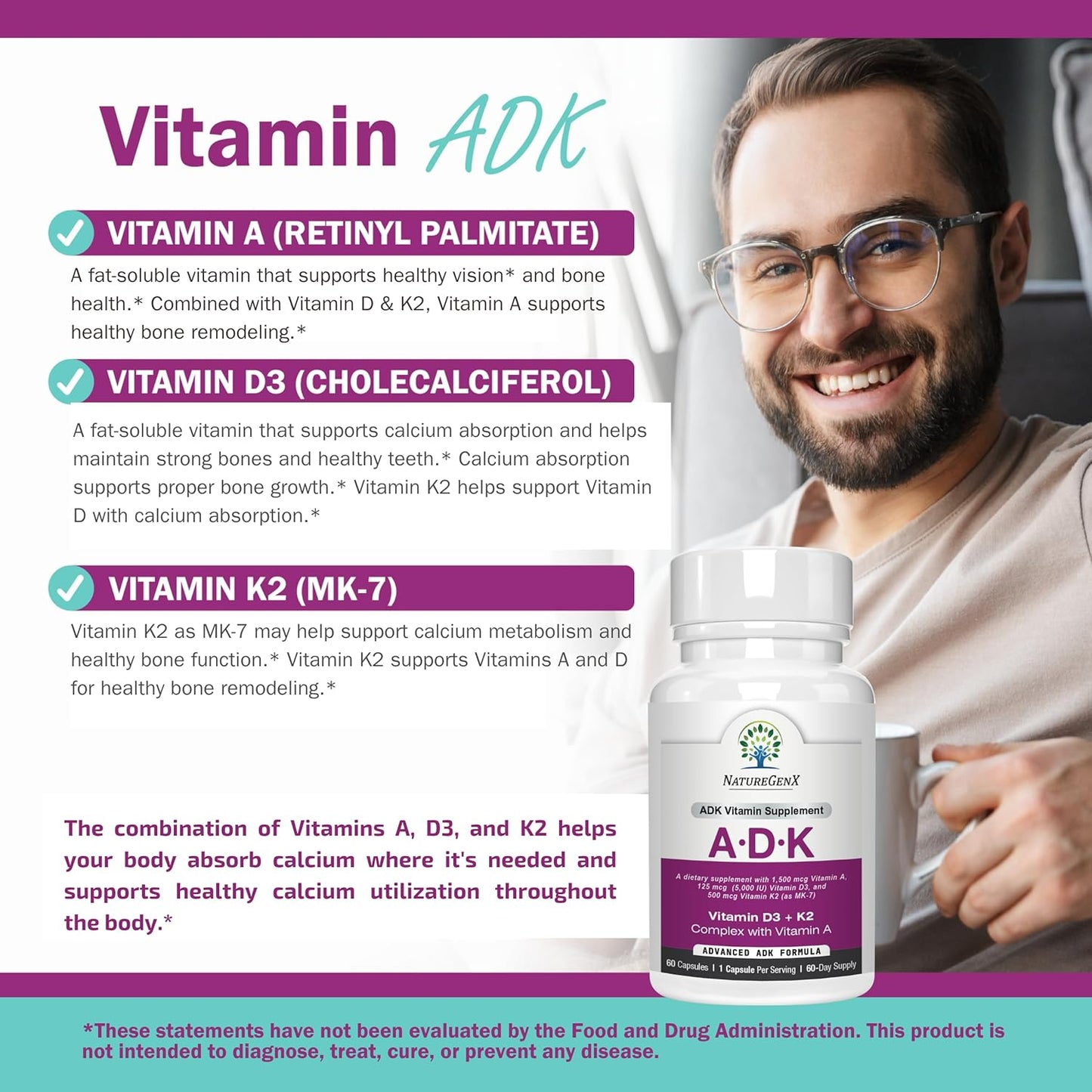 NatureGenX ADK Vitamin Supplement – Vitamins A, D3 & K2 MK-7 for Bone Health & Calcium Absorption – Gluten-Free, Non-GMO, Soy-Free – 60 Capsules (2-Month Supply) | For Bone Health & Calcium Absorption - Immune Support, Gluten-Free, Non-GMO, Soy-Free - 60