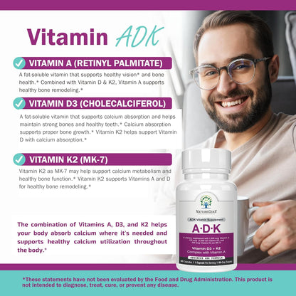 NatureGenX ADK Vitamin Supplement – Vitamins A, D3 & K2 MK-7 for Bone Health & Calcium Absorption – Gluten-Free, Non-GMO, Soy-Free – 60 Capsules (2-Month Supply) | For Bone Health & Calcium Absorption - Immune Support, Gluten-Free, Non-GMO, Soy-Free - 60