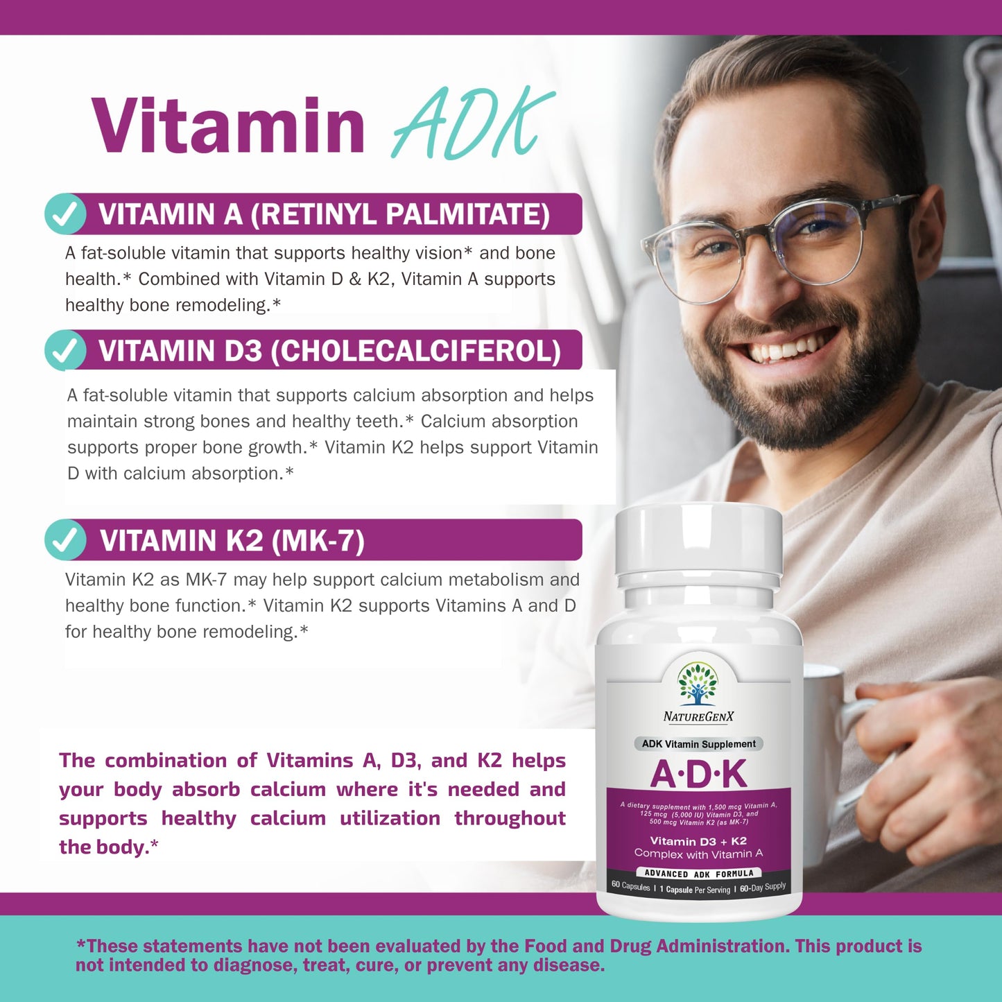 NatureGenX ADK Vitamin Supplement – Vitamins A, D3 & K2 MK-7 for Bone Health & Calcium Absorption – Gluten-Free, Non-GMO, Soy-Free – 60 Capsules (2-Month Supply) | For Bone Health & Calcium Absorption - Immune Support, Gluten-Free, Non-GMO, Soy-Free - 60