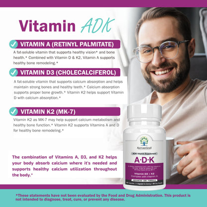 NatureGenX ADK Vitamin Supplement – Vitamins A, D3 & K2 MK-7 for Bone Health & Calcium Absorption – Gluten-Free, Non-GMO, Soy-Free – 60 Capsules (2-Month Supply) | For Bone Health & Calcium Absorption - Immune Support, Gluten-Free, Non-GMO, Soy-Free - 60