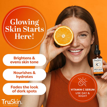 TruSkin Brightening Vitamin C Serum for Face with Hyaluronic Acid, 1 fl oz | Anti aging face serum with Vitamin E to improve the look of dark spots, fine lines, skin tone & support radiant-looking skin