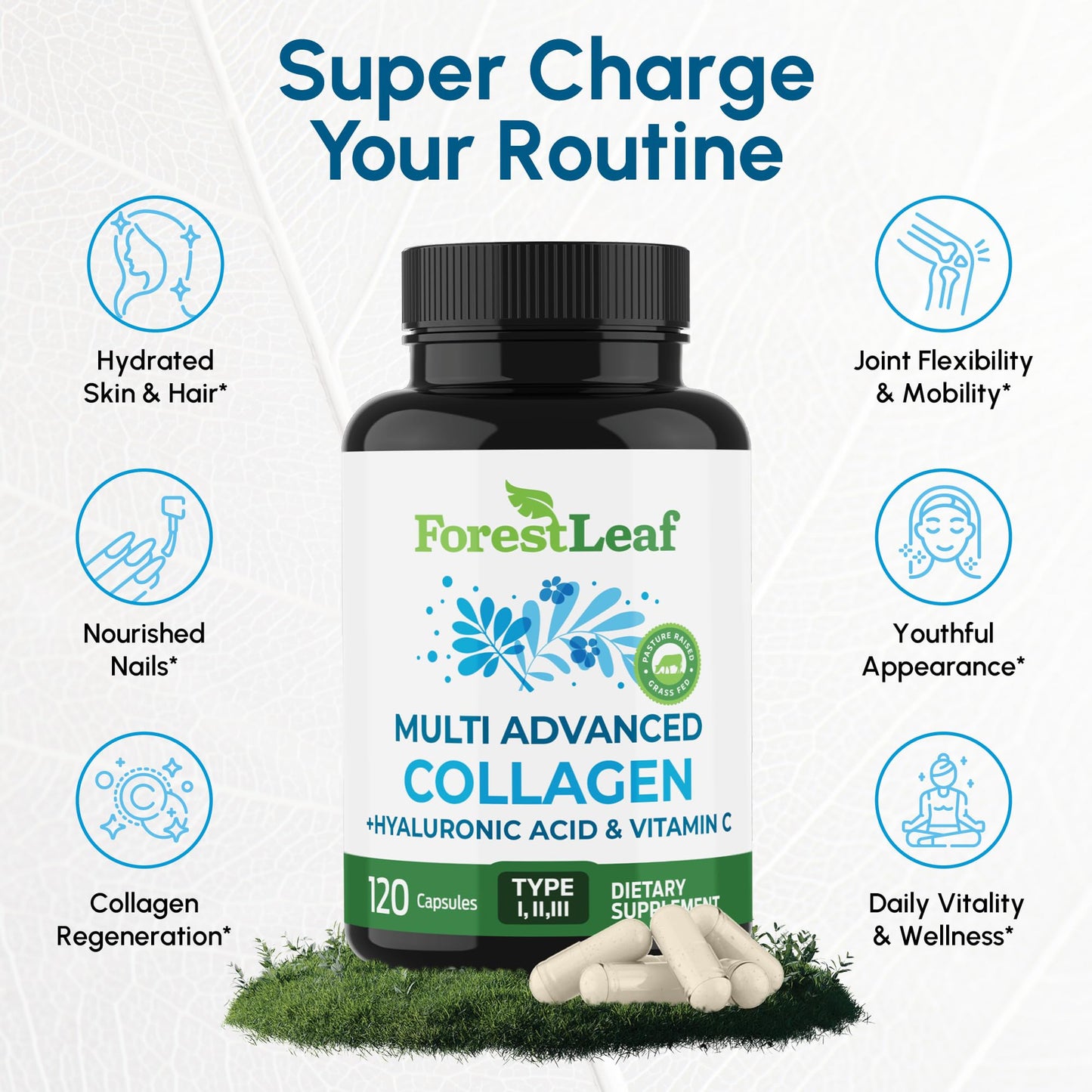 ForestLeaf Multi Collagen Pills with Hyaluronic Acid + Vitamin C | Hydrolyzed Collagen Supplements for Women or Men | Multi Collagen Capsules Peptides for Skin, Wrinkles, 120 Caps