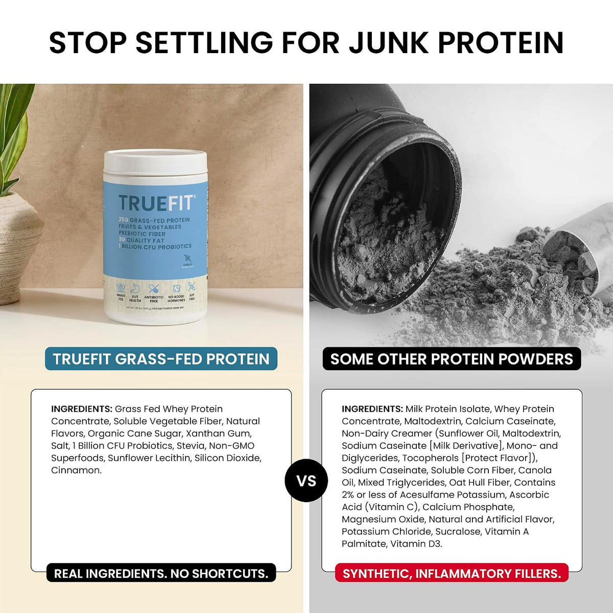 TrueFit Grass-Fed Whey Protein Powder + Fiber & Probiotics, Vanilla Shake | 25g Gut Healthy Protein with Fiber, Probiotics & Non-GMO Superfoods for Complete Meal Replacement Shake with Nothing Fake