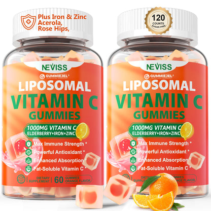 Liposomal Vitamin C 1000mg Gummies for Adults - Vitamin C Chewable with Elderberry, Zinc & 8mg Iron, Sugar Free Vit C Supplements, Daily Immune Support Gummies for Energy, Collagen Booster 60 Counts
