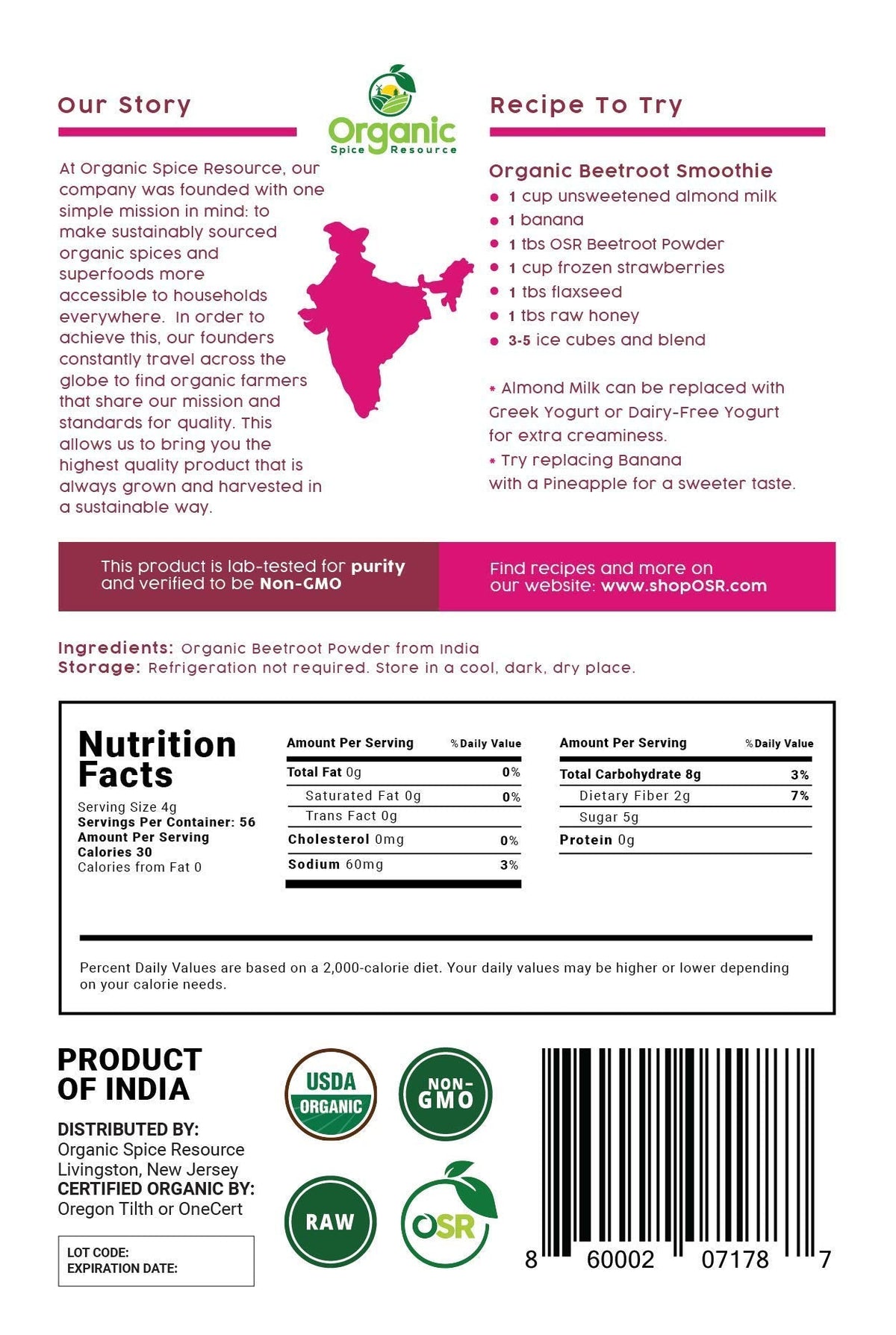 Organic Beet Root Powder | 8 oz or 226g | USDA Organic Approved, Raw and Non GMO
