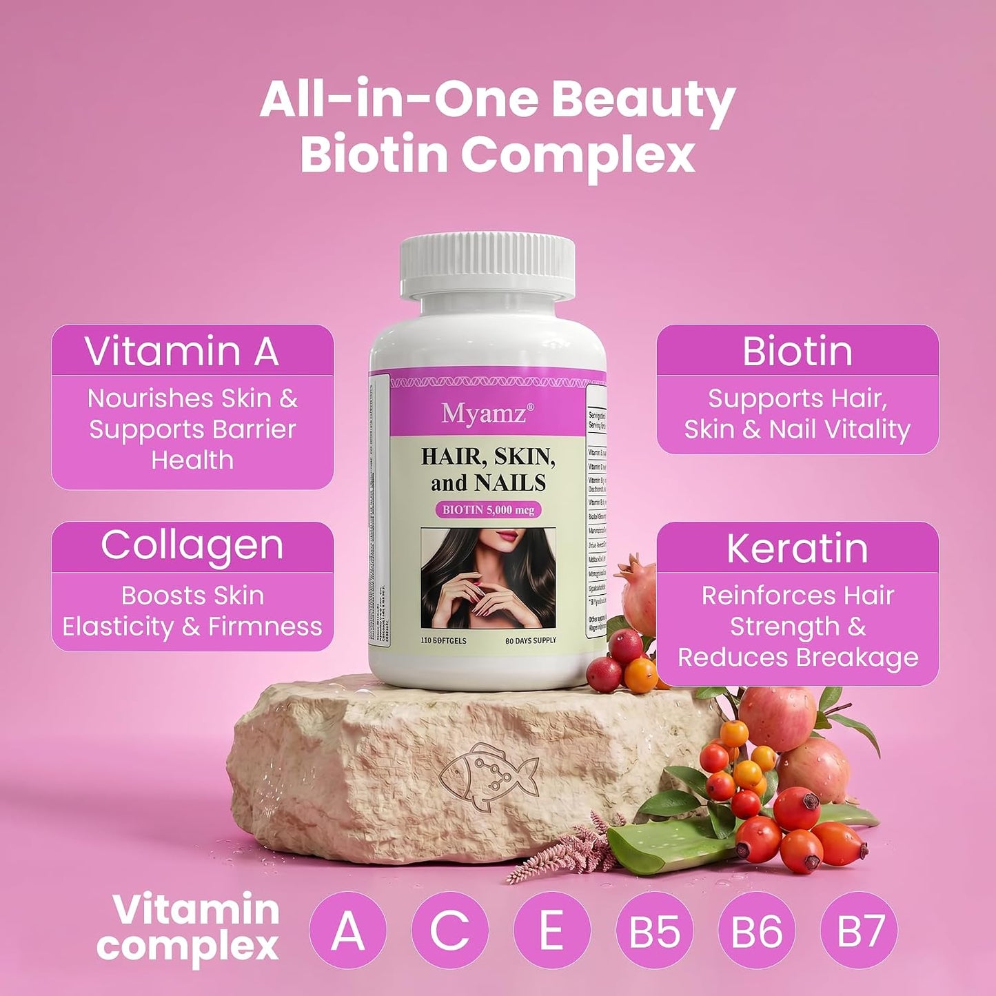 Healthy Hair Skin & Nails Supplement with Vitamin & Zinc – Beauty Wellness Complex for Women & Men – Supports Stronger Nails, Shinier Hair & Radiant Complexion 120 Capsules