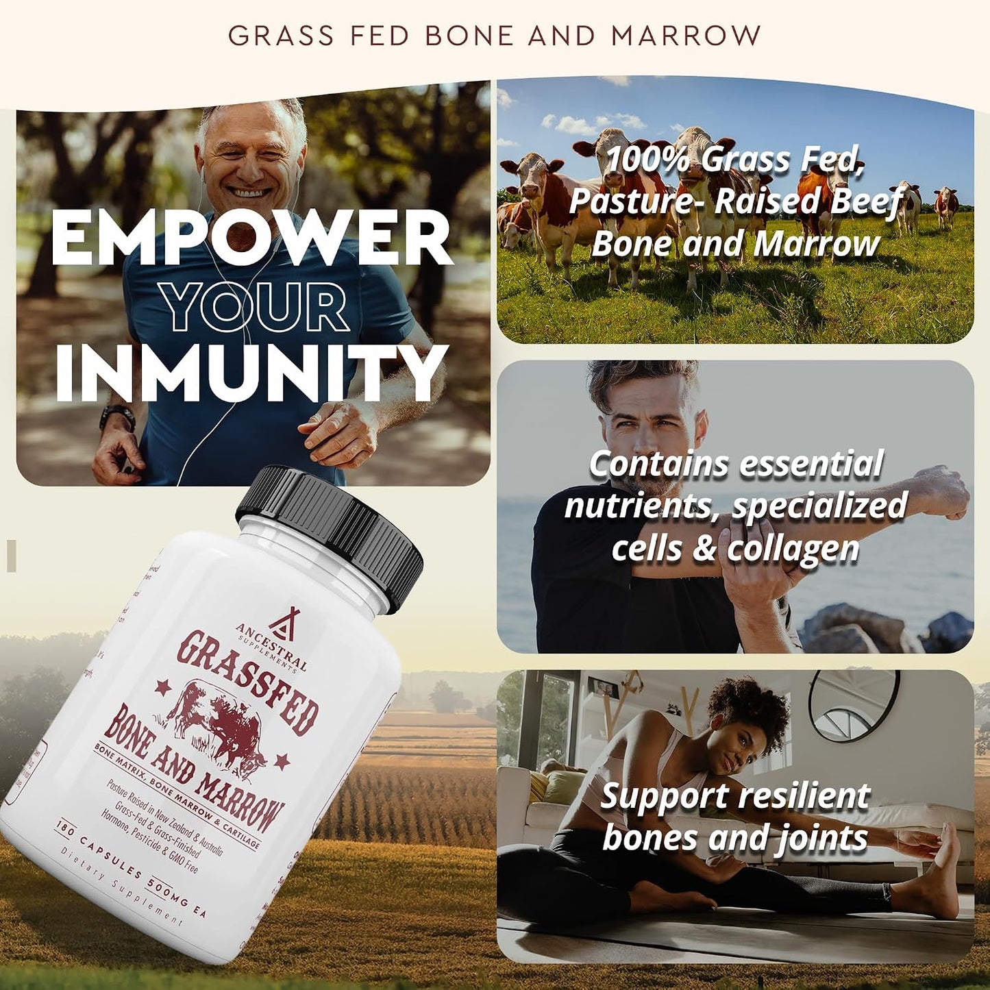 Ancestral Supplements Grass-Fed Beef Liver & Bone Marrow Capsules, 3000mg, Supports Energy, Digestion, Immunity, Skin, Oral Health, Joint Wellness, Non-GMO, Freeze-Dried, 180 Capsules