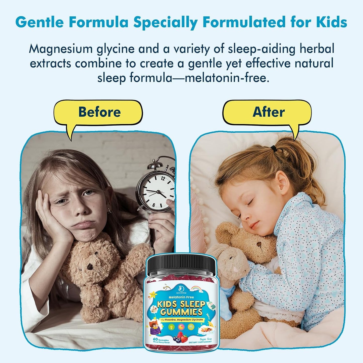 Kids Sleep Gummies with Magnesium Glycinate – Melatonin Free Bedtime Support for Kids – Calm & Relaxation with L-Theanine, GABA, Chamomile & Lemon Balm – Sugar Free Mixed Berry Flavor, 60 Gummies