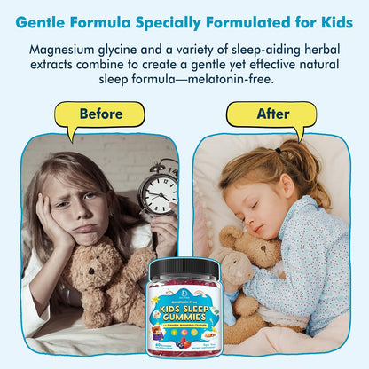 Kids Sleep Gummies with Magnesium Glycinate – Melatonin Free Bedtime Support for Kids – Calm & Relaxation with L-Theanine, GABA, Chamomile & Lemon Balm – Sugar Free Mixed Berry Flavor, 60 Gummies