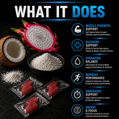 Creatine Gummies with BCAA and Electrolytes, 5g Creatine Monohydrate per Serving, Sugar Free Chews for Muscle Recovery and Hydration, Arctic Dragon Fruit Flavor, Vegan, 120 Count, Made in UK