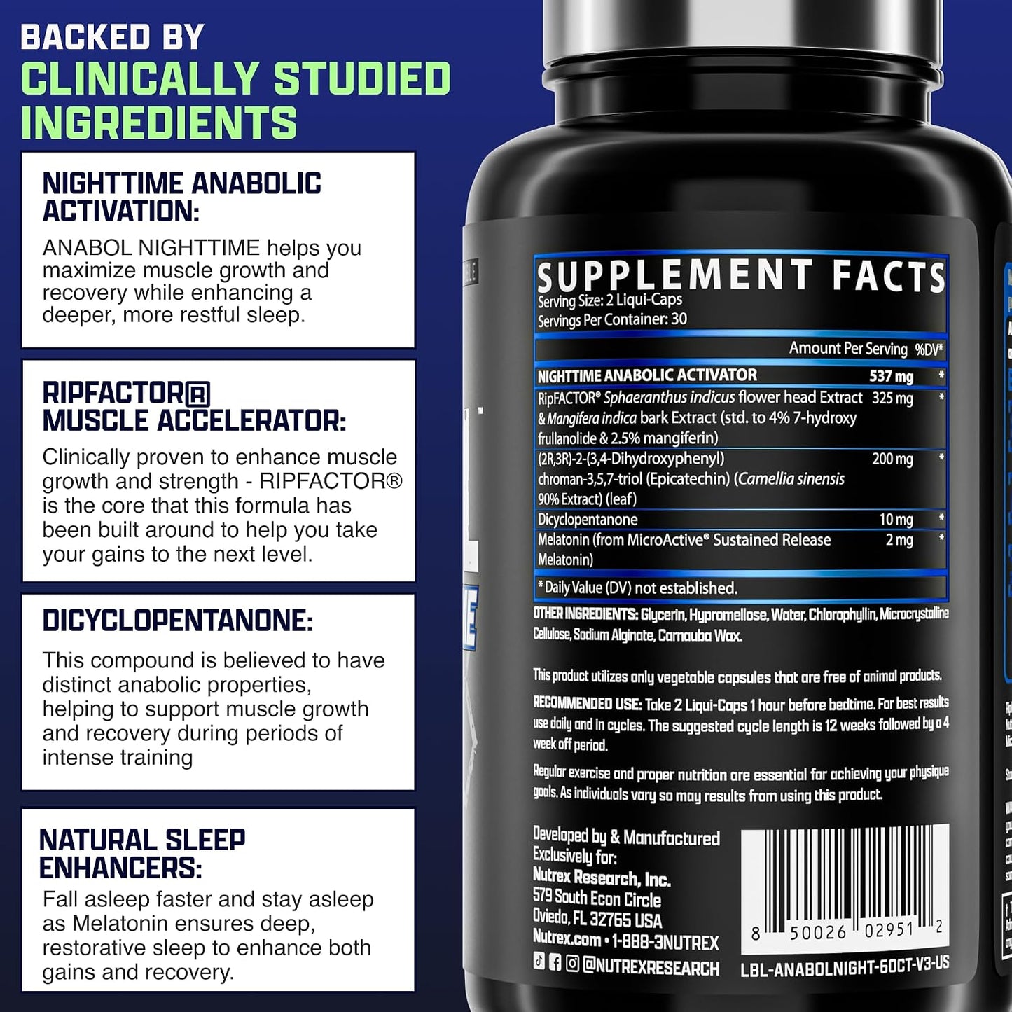 Nutrex Research Anabol Nighttime Sleep Support Supplement and Anabolic Muscle Builder for Men Post Workout Recovery Strength and Muscle Growth Capsules Count 60