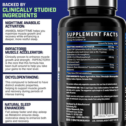 Nutrex Research Anabol Nighttime Sleep Support Supplement and Anabolic Muscle Builder for Men Post Workout Recovery Strength and Muscle Growth Capsules Count 60