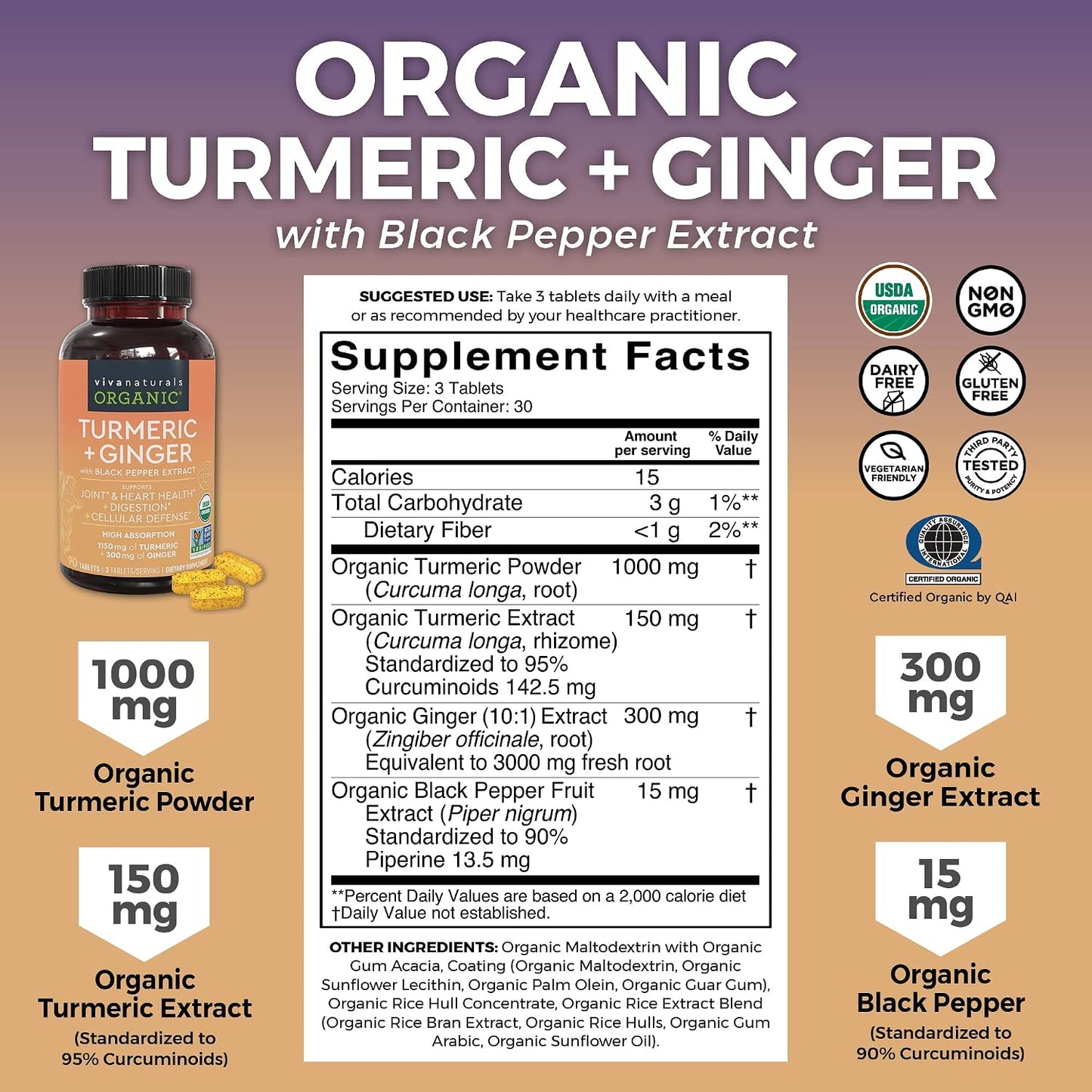 Viva Naturals Organic Turmeric Curcumin Supplement with Black Pepper and Ginger and Elderberry, Vitamin C, Zinc and Vitamin D3 5000 IU Bundle for Joint, Immune Support, Heart, Digestive Health