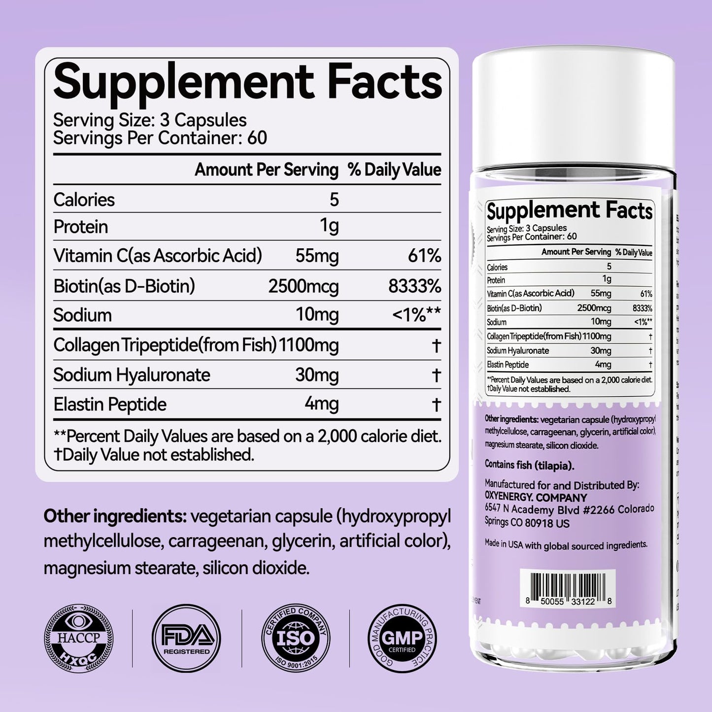 OxyEnergy Collagen Peptides Capsules for Women, Hydrolyzed Collagen Supplements with Elastin Peptides, 60 Collagen Pills to Promotes Hair, Nail, Skin, Capsulas