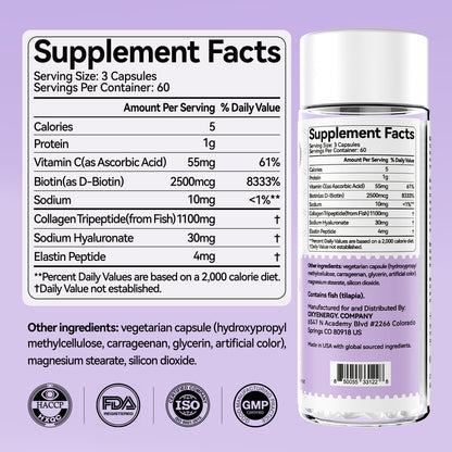 OxyEnergy Collagen Peptides Capsules for Women, Hydrolyzed Collagen Supplements with Elastin Peptides, 60 Collagen Pills to Promotes Hair, Nail, Skin, Capsulas