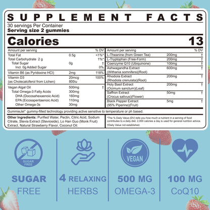 Ashwagandha Saffron Calm Gummies + Omega 3, L-Theanine & CoQ10 for Women Men, Natural Calming Happy Relax Gummies for Adults, Mood Support Supplement Gummy, Strawberry Flavor, Sugar Free, Vegan, 60ct
