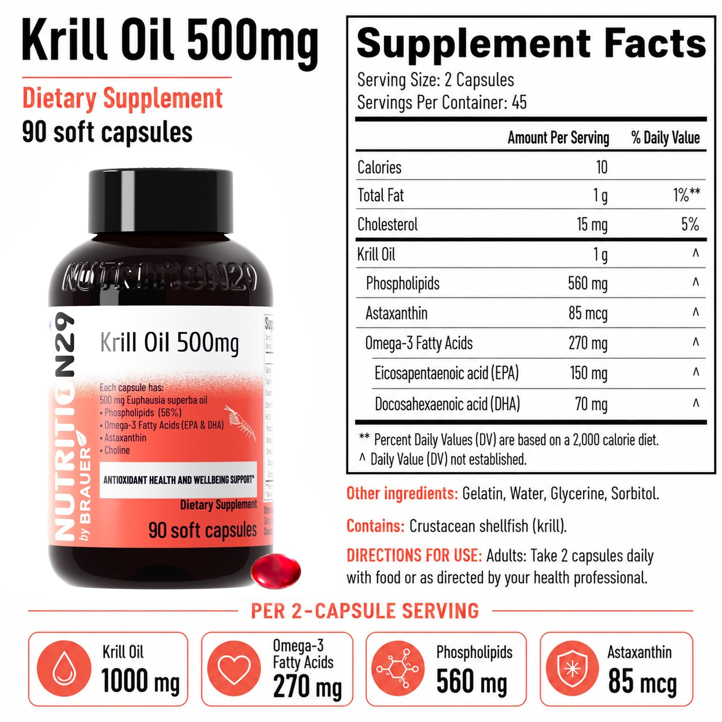 N29 Antarctic Krill Oil 500mg,60 softgels,Omega 3 Supplements with EPA,DHA | Astaxanthin,Phospholipid for Heart Brain Joint Skin Support,No Fishy Burps,Non-GMO, Gluten-Free