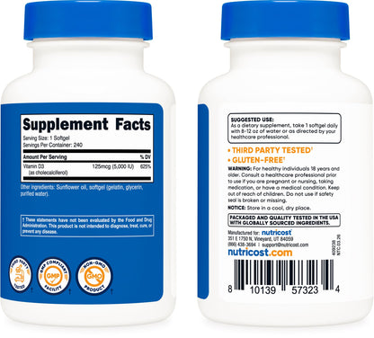 Nutricost Vitamin D3 5,000 IU (125mcg), 240 Softgels, GMO-Free | Gluten Free Vitamin D