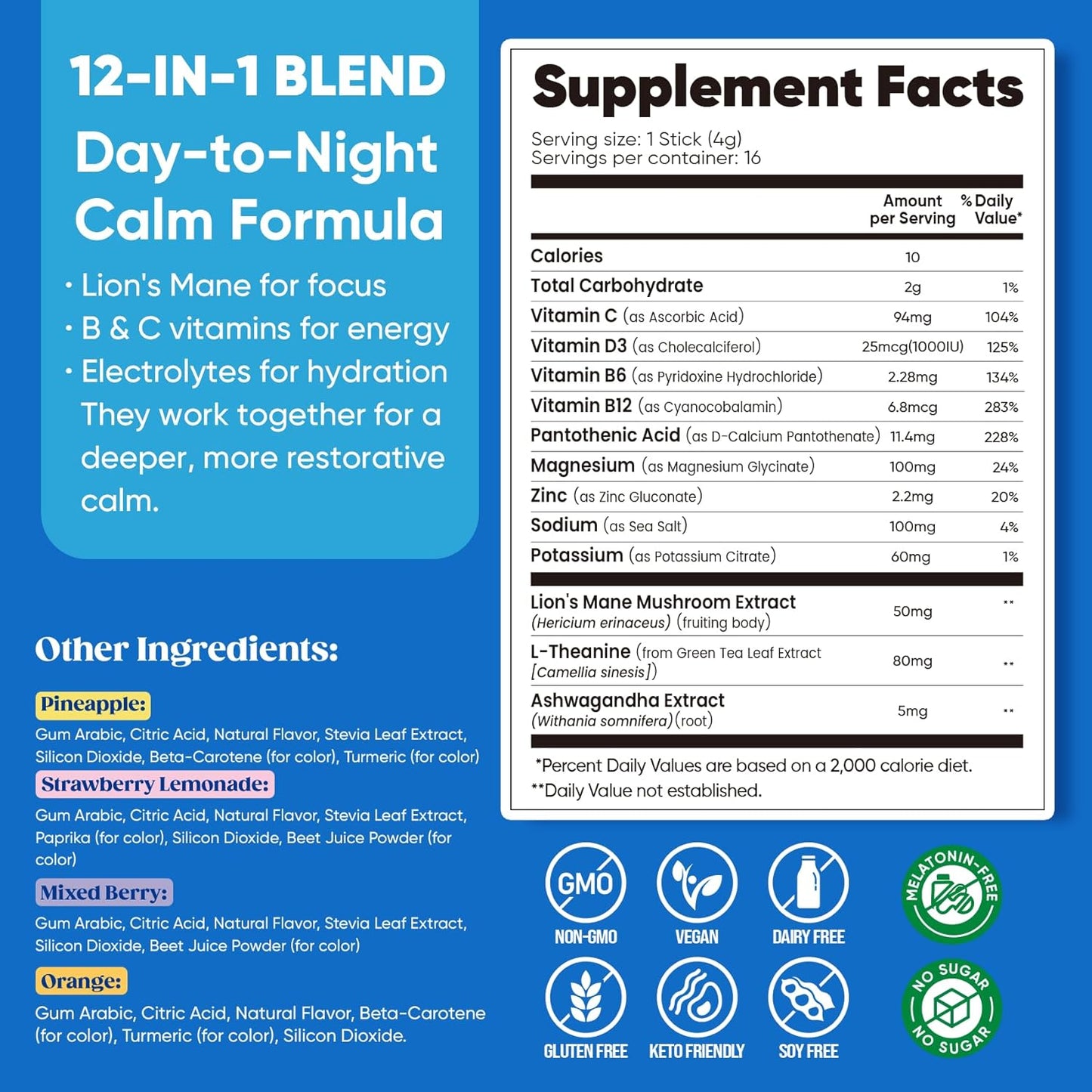 Venture Pal Calm Drink Mix, 12-in-1 Cortisol Reducer & Sleep Aid | Magnesium Glycinate, Ashwagandha, L-Theanine & Vitamin D, Calm Magnesium Powder for Relax & Focus, No Sugar, Non GMO