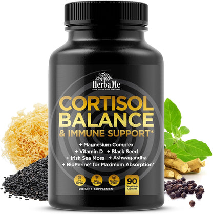 HerbaMe Stress Support Supplement for Calm Mood & Balanced Energy – Supports Healthy Cortisol Levels & Nervous System Function – Ashwagandha, Magnesium, Vitamin D, Black Seed, Sea Moss, 90 Capsules