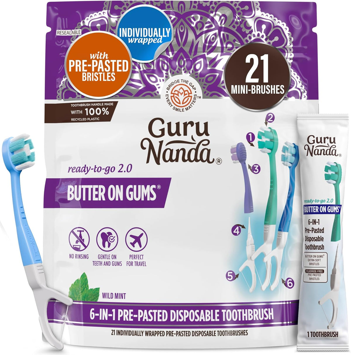 GuruNanda Disposable Travel Toothbrush 2.0, Fluoride Free Toothpaste, 21 ct