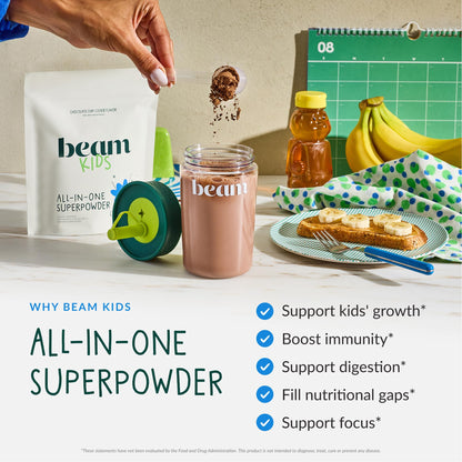 BEAM Kids Multivitamin Powder – Kids Vitamins with Greens, Probiotic & Prebiotic, Immune Support for Children & Toddlers, No Artificial Sweeteners, for Picky Eaters, 20 Servings, Chocolate Flavor